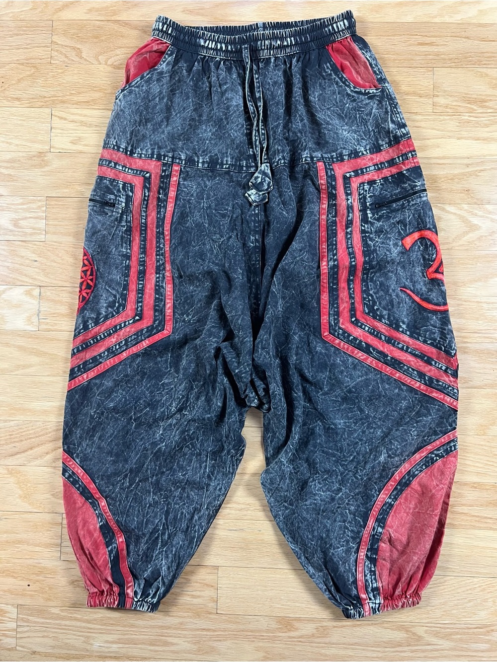 Himalaya Handmade S/M Om Harem Pants in Black and Red Acid Wash